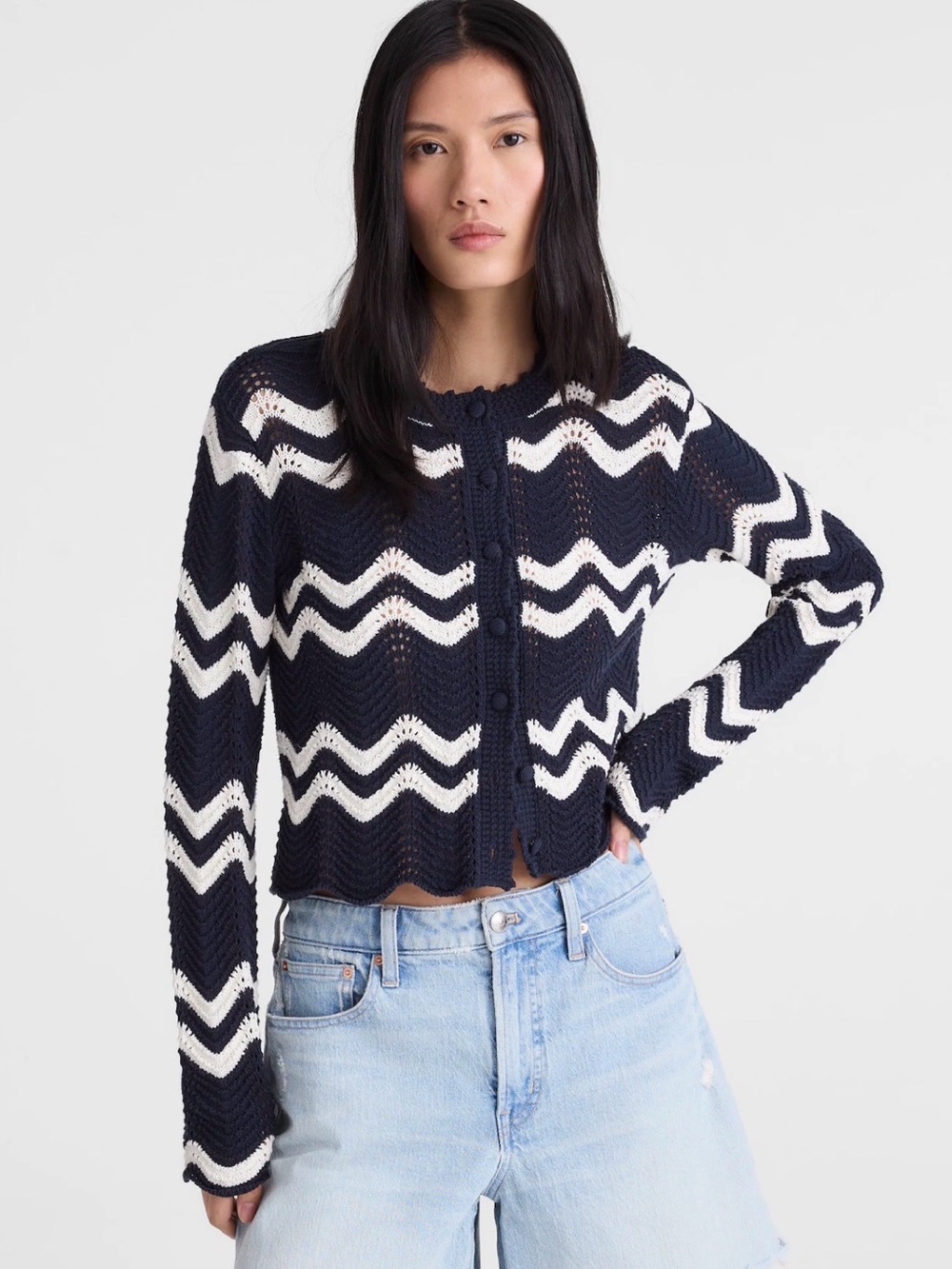 Madewell Wavy-Knit Cardigan Navy Ivory Stripe Cotton Cropped Size M NWT